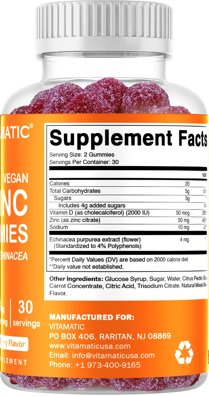 2 Pack - Vitamatic Zinc 50mg Gummies - 60 Vegan Gummies - Gluten Free - Healthy Immune Support for Adults, Men, Women - BeesActive Australia