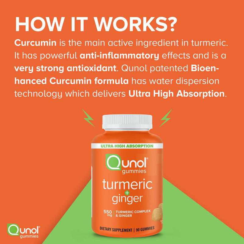 Qunol Turmeric and Ginger Gummies - Joint Support Supplement with Ultra High Absorption, 90 Count Vegan and Gluten Free Gummies Orange 90 Count (Pack of 1) - BeesActive Australia