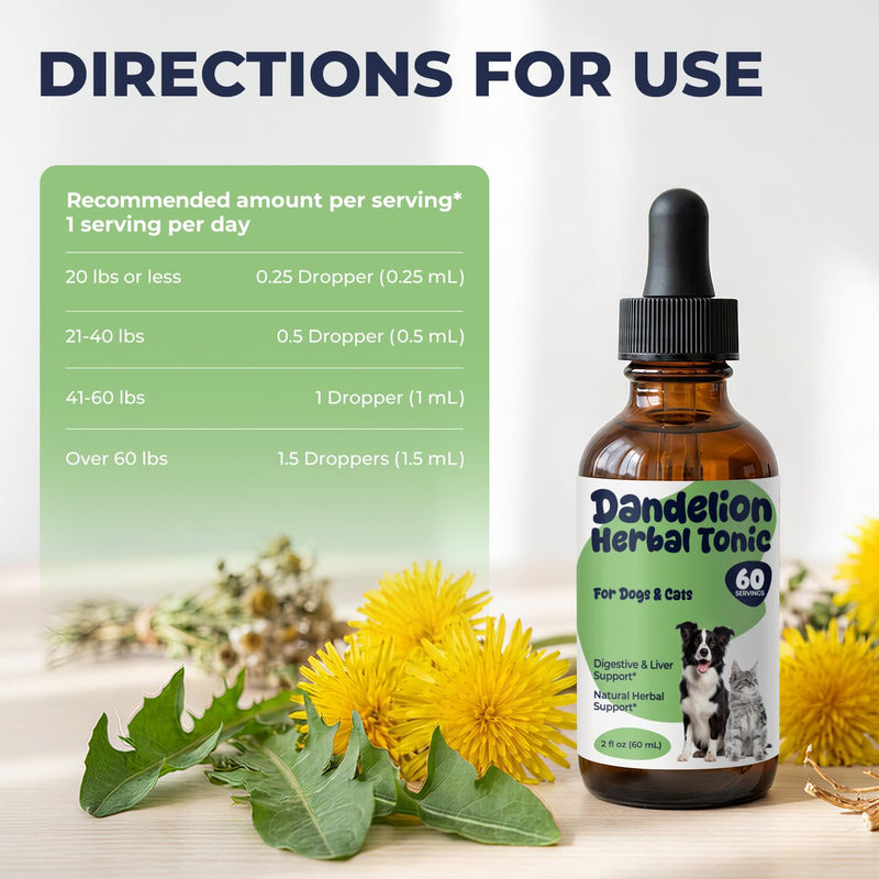 Dandelion Extract Drops for Dogs & Cats – Root & Leaf Herbal Support for Liver, Digestion & Fluid Balance, Daily Internal Balance Support, Liquid Pet Supplement, 2 fl oz