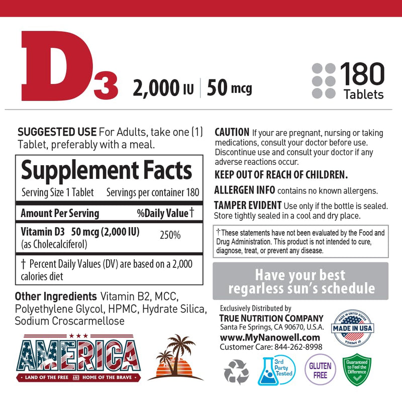 NANOWELL Vitamin D3 2000iu (50 mcg) - Bone, Muscle Health and Immune Support Supplement - 180 Tablets, 180 Day Supply 2,000 IU Tablets