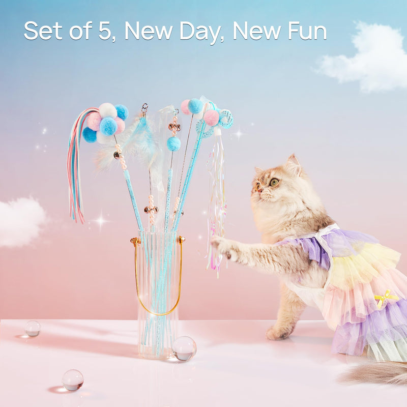 Potaroma Interactive Wand Cat Toys Toy, 5 Pcs Kitten Feather Toys for Indoor Cats to Chase and Exercise, Fun Cat Teaser, Light Blue - BeesActive Australia