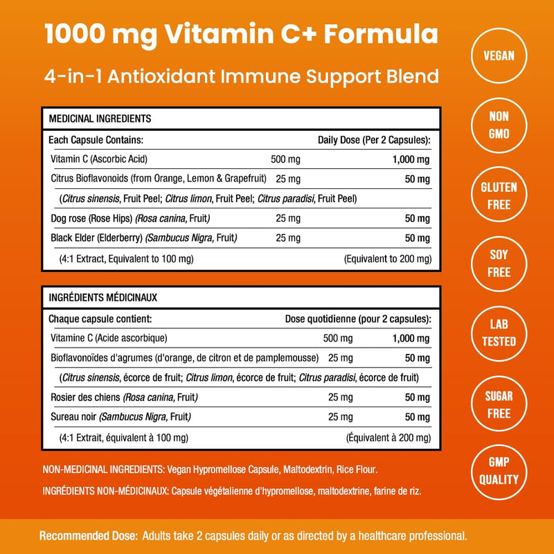 NutraChamps (2 Pack) Vitamin C with Elderberry, Citrus Bioflavonoids & Rose Hips - 120 Capsules Vegan, Non-GMO Antioxidant Supplement for Immune Health & Collagen Production Powder Pills Vitamin C Capsules (2 Pack)