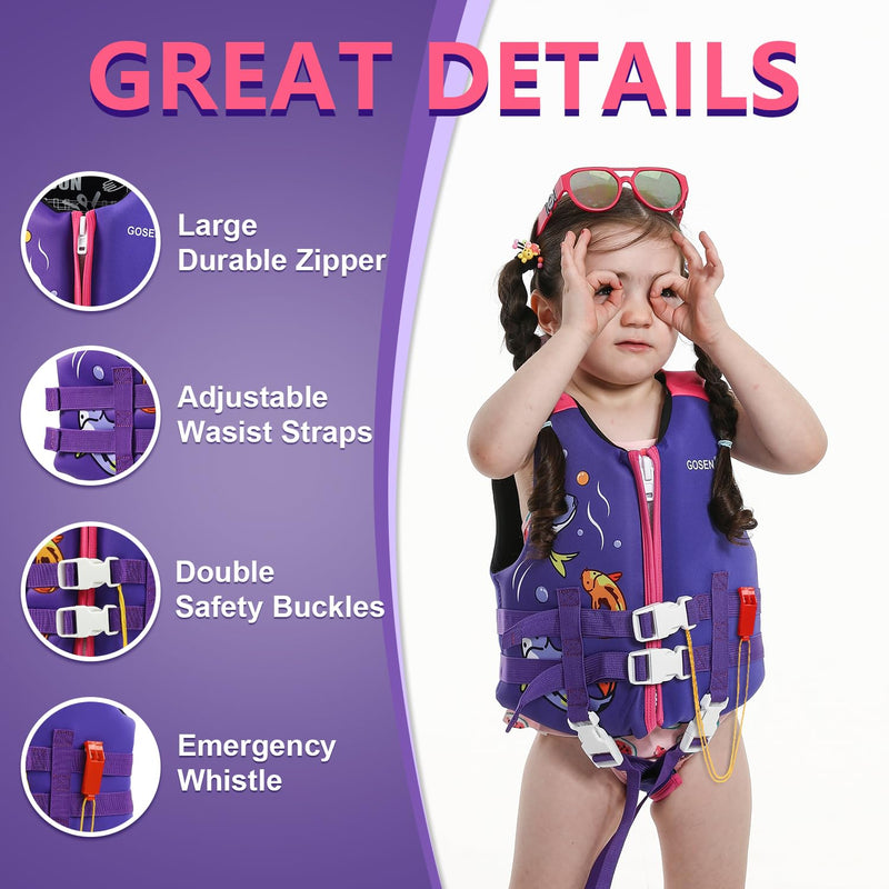 Kids Swim Vest Toddler Floaties for 24-66 lbs Boys Girls, Toddler Swim Vest with Adjustable Safety Strap, Easy On and Off Swimming Aid for Age 2-6 Years Learn to Swim Purple M/(4-6 yrs/40-66 lbs)