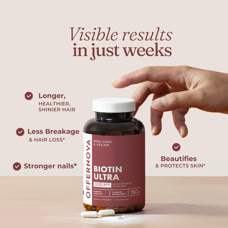 Offernova Biotin Ultra - Vitaminas para el Cabello con Biotina - Pastillas para Crecimiento del Pelo y Barba | Fortalece el Pelo Piel y Unas - 120 Tabletas