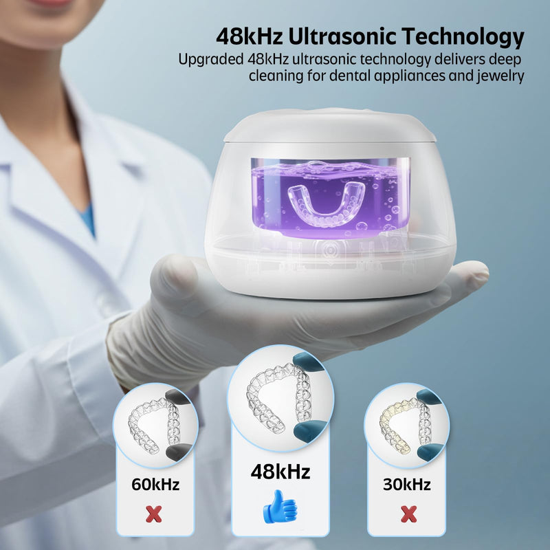 Ultrasonic Retainer Cleaner Machine 48kHz Denture and Aligner Cleaning Pod for Mouth Guards Night Guards Dental Trays Braces Toothbrushes Jewelry with 200ML Capacity (White) White