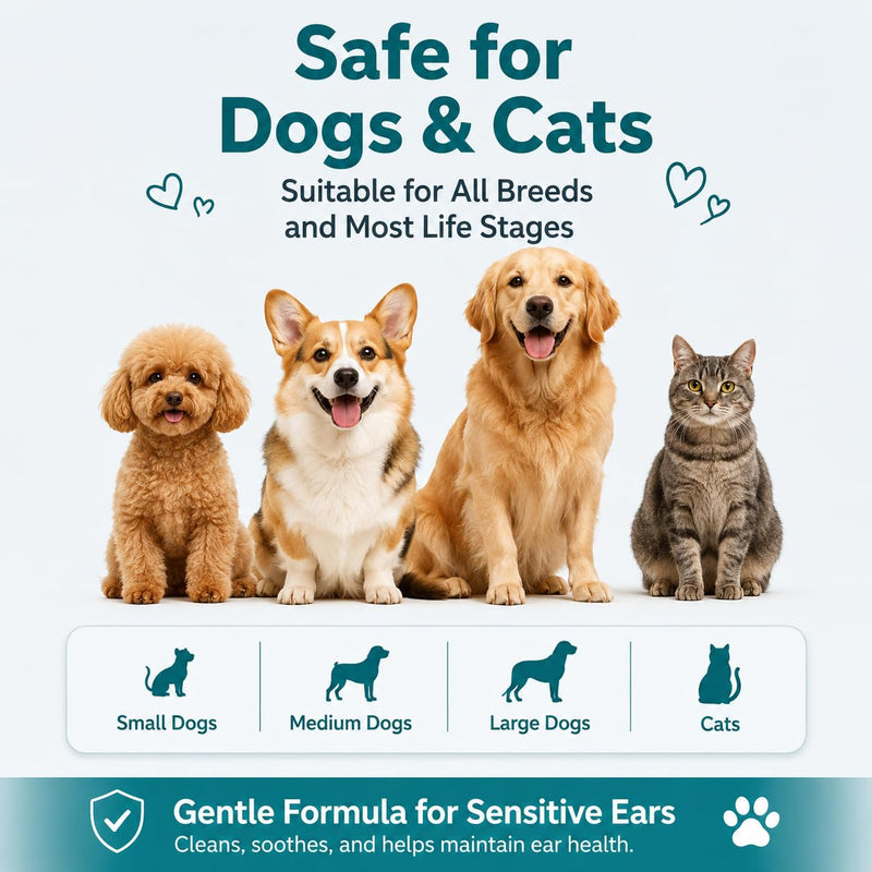 Pet Ear Drops for Dogs & Cats, Ear Cleaner for Dogs, Cat Ear Cleaning Solution for Itchy Ears, Wax Buildup, Odor Removal & Ear Infection Relief, Gentle Pet Ear Care Treatment, 2 Fl Oz (60ml) Green