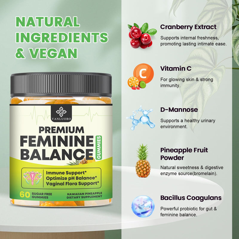 Feminine Balance Probiotic Gummies - Women's Vaginal Health Support | PH Balance & Odor, Flora, Immune Support | Probiotics for Women, Vegan Pineapple Flavor, 60 Count 60 Count (Pack of 1)
