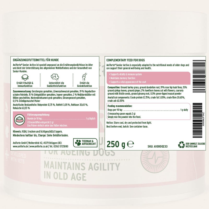 AniForte Senior Active Powder 250g for Older Dogs - Minerals, Amino Acids & Vitamins for Dogs, Supports Memory & Heart Function, Green-Lipped Mussel for Vitality & Agility, Seniors Food Supplement