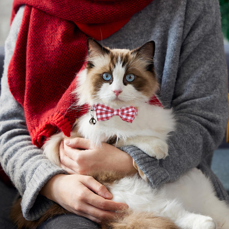 2 Pcs Red Cat Collar for Boy Girl Cats Breakaway Cat Collars with Bell Cute Christmas Kitten Bow Tie Collar Adjustable Small Puppy Safety Collar Solid Color Plaid Pet Collar - BeesActive Australia