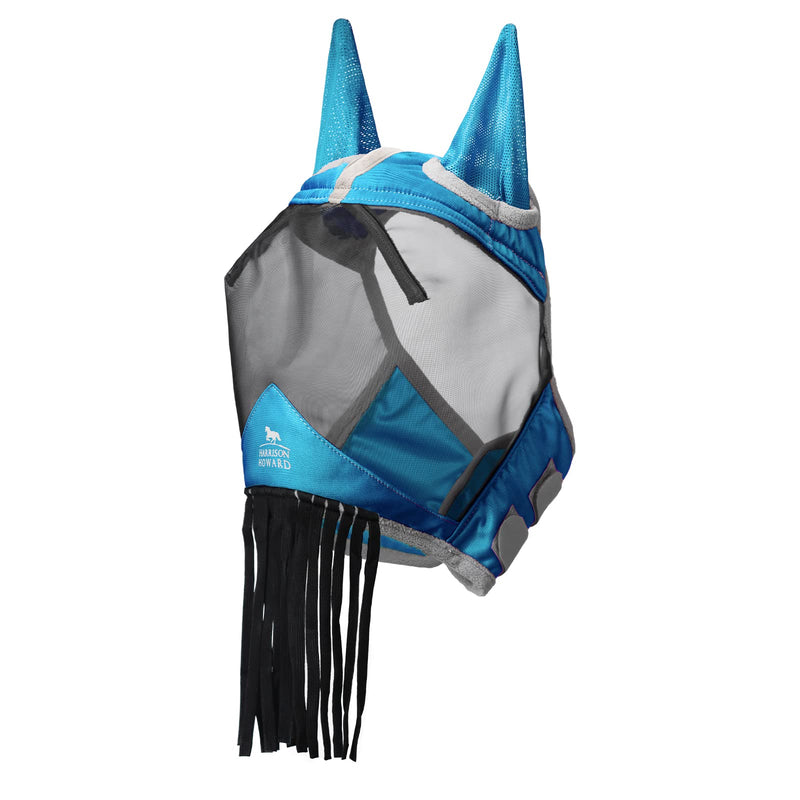 Harrison Howard CareMaster Horse Fly Mask with Ears and Nose Fringe Fly Protector Defender Mask Sky Blue Full Size Full (Large) - BeesActive Australia