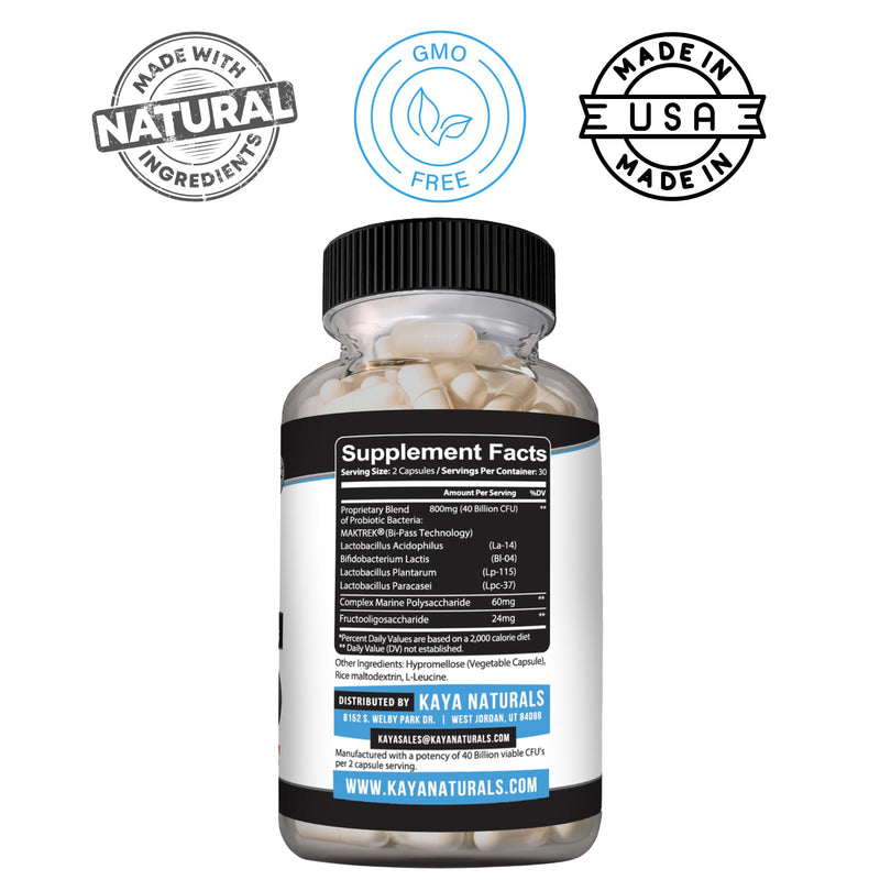 Kaya Naturals Probiotic 40 Billion CFU, Prebiotic, 4 Strains, 60 Capsules | 40 Billion CFU at Manufacture; 4 Probiotic Strains; Prebiotic FOS; MAKTREK Bi-Pass Technology; Gluten & Dairy Free 60 Count (Pack of 1)