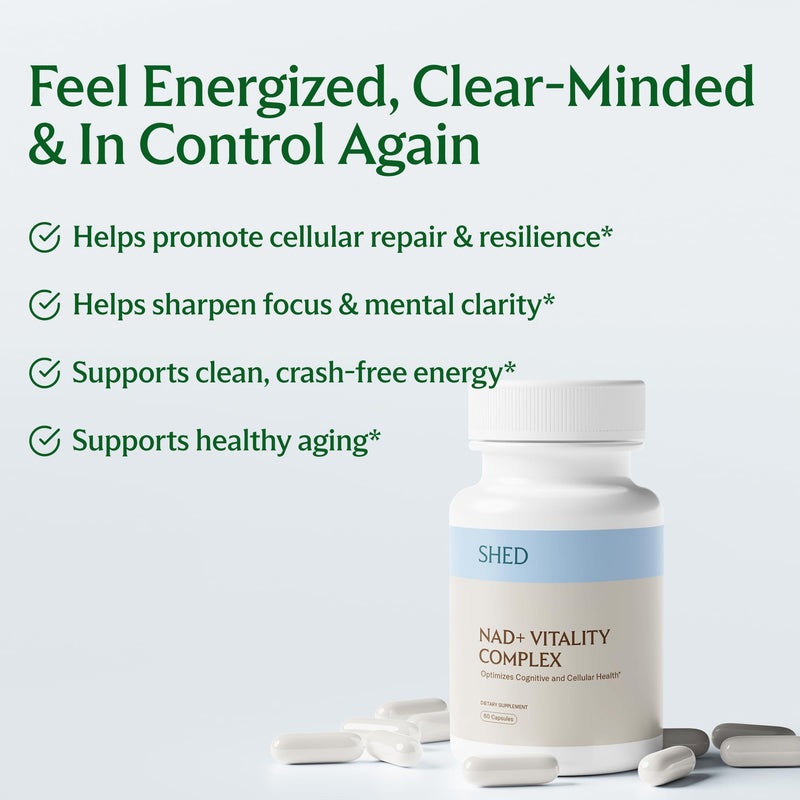SHED NAD+ Supplement Vitality Complex with Nicotinamide Riboside (NR), Alpha-GPC, TMG & Methylated B Vitamins – Supports Energy, Focus, Cellular Health & Aging – 60 Capsules