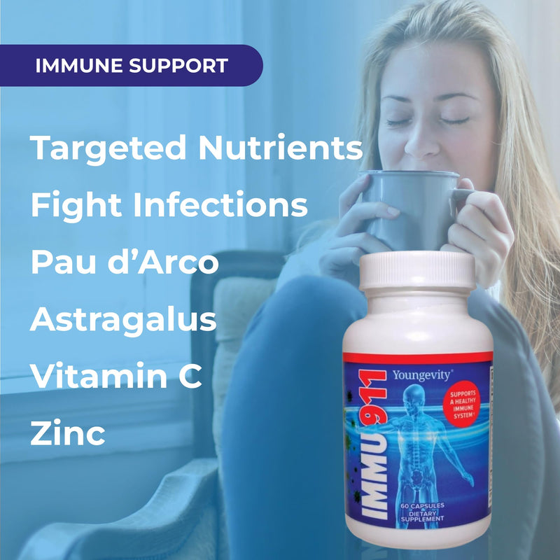 Youngevity Immu-911 Immune Support with Colostrum & Mushrooms, 60 Caps | Colostrum, vitamin C, zinc, echinacea, astragalus, pau d'arco bark, six-mushroom blend, advanced immune support, 60 caps