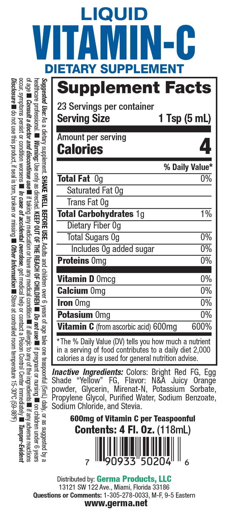 Germa Sugar-Free Liquid Vitamin C. 500 mg. Fast Absorption Dietary Supplement. Immune System Booster. 4 oz / 118ml