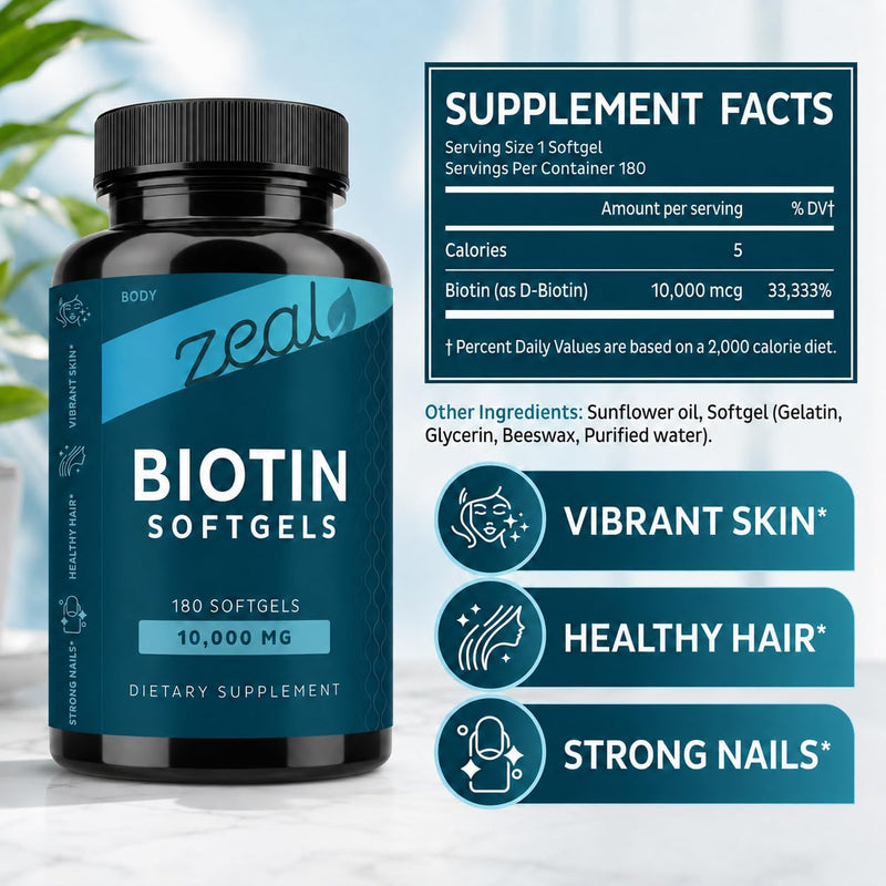 Zeal Biotin 10000mcg Oil Softgels | Hair, Skin and Nail Growth Vitamins | Vitamin Biotin Supplement | 6 mo Supply - 180 Gel Capsules
