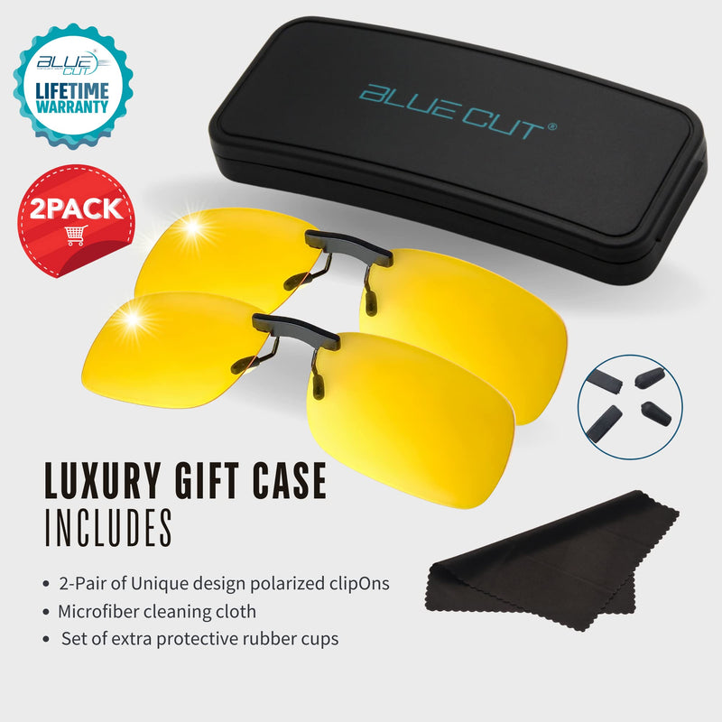 BLUE CUT Clip on Polarized Night Vision, Driving Sunglasses UV 400 Blocker To Wear Over Prescription Glasses Yellow-2pack - BeesActive Australia