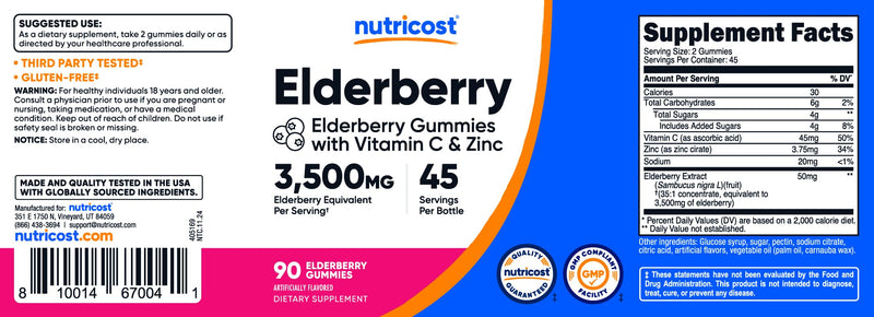 Nutricost Elderberry Extract Gummies 90 Gummies for 45 Servings Per Bottle | With Vitamin C & Zinc, Gluten-Free 90 Count (Pack of 1)