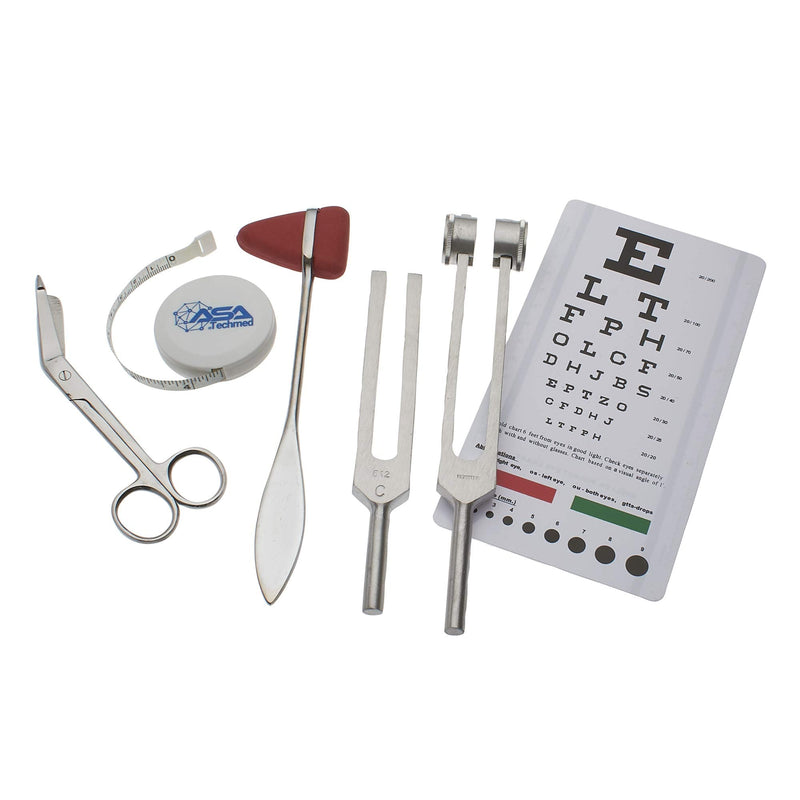 Set of 6 pcs Diagnostic Reflex Percussion Kit - Taylor Hammer, Body Measuring Tape, Tuning Fork Set, Bandage Scissors 5.5", Snellen Eye Chart w/Case (Stainless Silver) Stainless Silver - BeesActive Australia