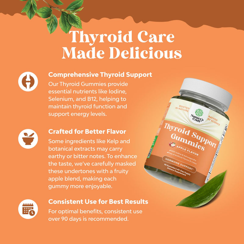 Natures Craft Thyroid Support Gummies - Thyroid Support Gummies for Comprehensive Support for Men and Women with Iodine Selenium and Other Potent Vitamins - Gelatin-Free Non-GMO - 90 Count