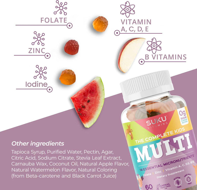 SUKU The Complete Kids Multivitamin Gummies – Vitamins A, C, D, E, B6, B12, Folate & Zinc – Immune Support, Sugar-Free, Gluten-Free, Non-GMO, Tropical Bonanza Flavor – 60 Count