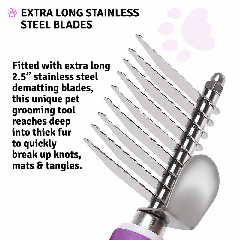 Poodle Dematting Fur Rake Comb Brush for Dogs and Cats - Long 2.5" Steel Safety Blades Metal Comb for Detangling Matted or Knotted Undercoat Hair Dematting Comb Purple - BeesActive Australia