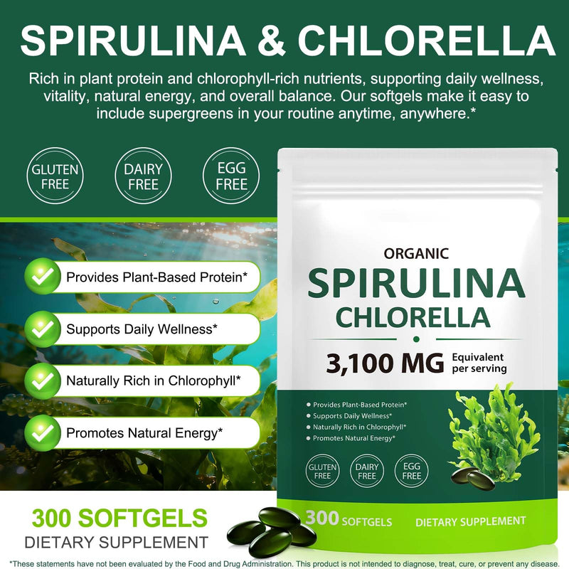 Tiuedu Spirulina Chlorella Softgels 300 Capsules, 17 in 1 Green Nutrient Blend Spirulina Chlorella Softgels,Rich in Plant Protein, Vitamins, Chlorophyll, Easy to Take Softgel