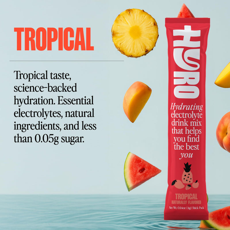 HYRO Electrolyte Powder Packets, Sugar Free, Tropical, 15 Count | Magnesium, Potassium & Vitamin C for daily hydration. Keto & Vegan friendly. Sugar-free with no artificial sweeteners added.