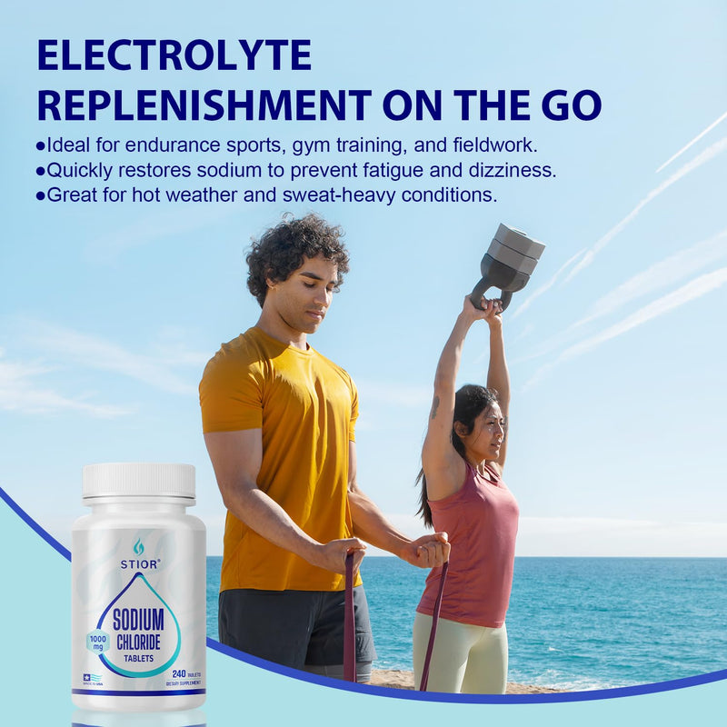 Sodium Chloride Tablets 1000mg, 240 Tablets, Sodium Chloride, Salt Pills with Electrolytes for Running, Non-GMO, Electrolytes Replenisher Hydration Drink, Made in USA