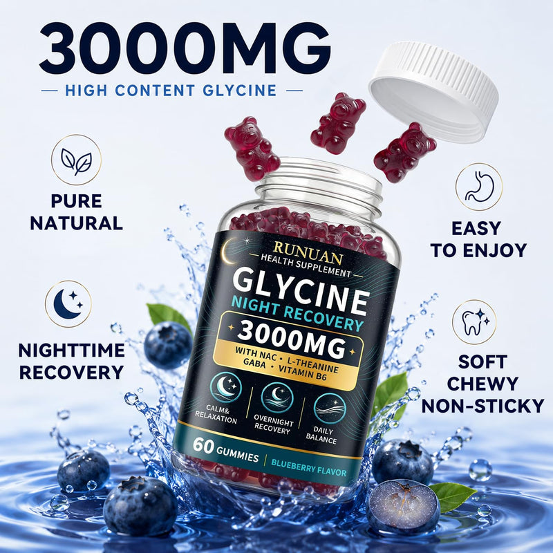 Glycine Gummies 3000mg Sleep Support with NAC, L-Theanine, GABA & B6, 60 Ct | 3g Glycine Supplements for Sleep Support, Nerve & Brain Health, Non-GMO, Sugar Free, Vegan, Blueberry Flavor