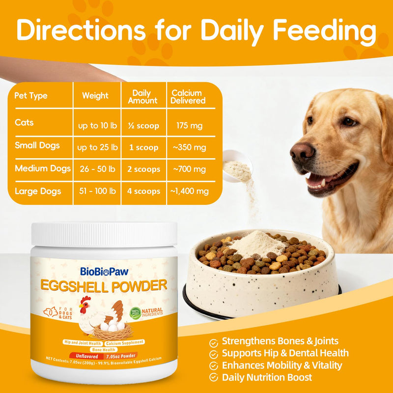 Eggshell Powder for Dogs & Cats Finely Ground Dog Calcium Supplement No Additives Crushed Calcium for Puppies Supports Bones, Teeth, Hips, Joints & Mobility Made in USA 200 Grams