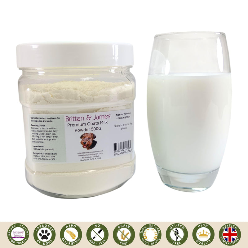 100% Natural Whole Goats Milk Powder for Dogs by Britten and James. Nutrient-Rich Boost, Improves Dogs' Hydration, Appetite, Gut Health and Immunity. High Calcium and Vitamins. For All Ages (500g) 500g