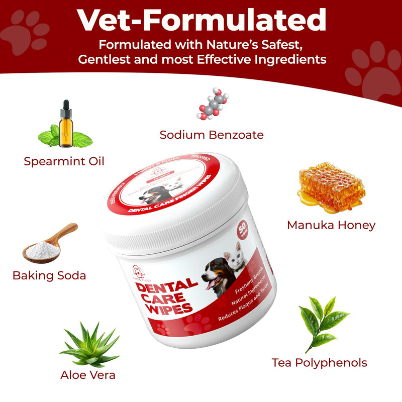 No- Rinse Dog Teeth Cleaning Wipes For Dogs & Cats, Dog Toothbrush Wipes & Dog Tooth Brushing kit Remove Bad Breath & Plaque & Tartar Buildup, Disposible Pet Dental Finger Wipes for Dogs - 50 Count