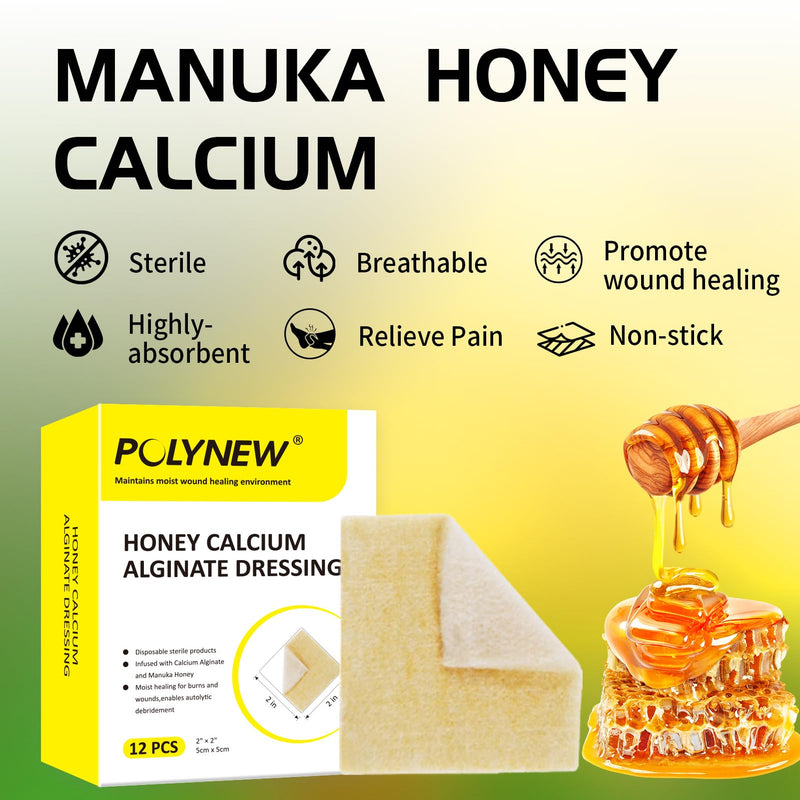 Manuka Honey Calcium Alginate Dressing, 12 Individual Pack, 2"x2" Patches, Wound Dressing with Calcium Alginate, Bandages for Burns, Faster Wound Care