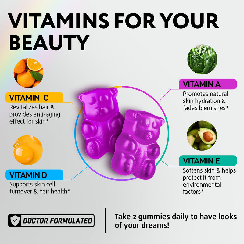 Hair Skin and Nails Gummies with Biotin Collagen Keratin Astragalus - Hair Growth Supplement & Hair Vitamins for Hair Loss for Women & Men, Hair Skin and Nails Multivitamin B7 Gummies, 60 Gummy Bears 60 Count (Pack of 1) - BeesActive Australia