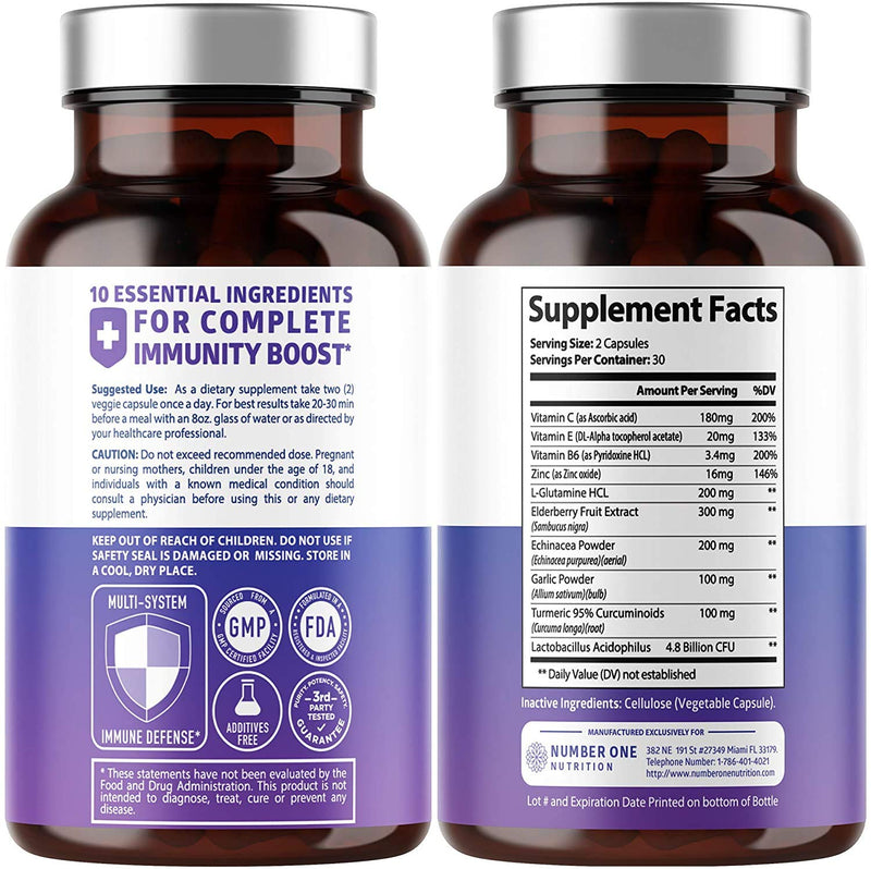 Elderberry Immune Support 10-in-1 with Zinc Vitamin C Probiotics, 60 Caps 60 Count (Pack of 1)