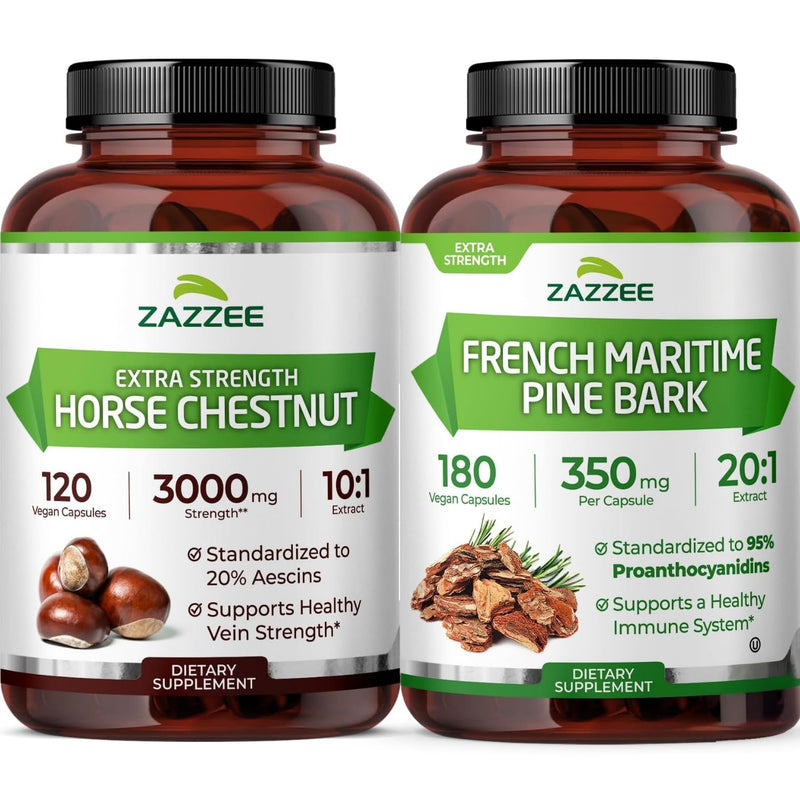 Zazzee Anti Aging Circulatory Support Bundle | Extra Strength Horse Chestnut Supplement with French Maritime Pine Bark Extract Capsules | Non-GMO Vegan & ISO Lab Tested