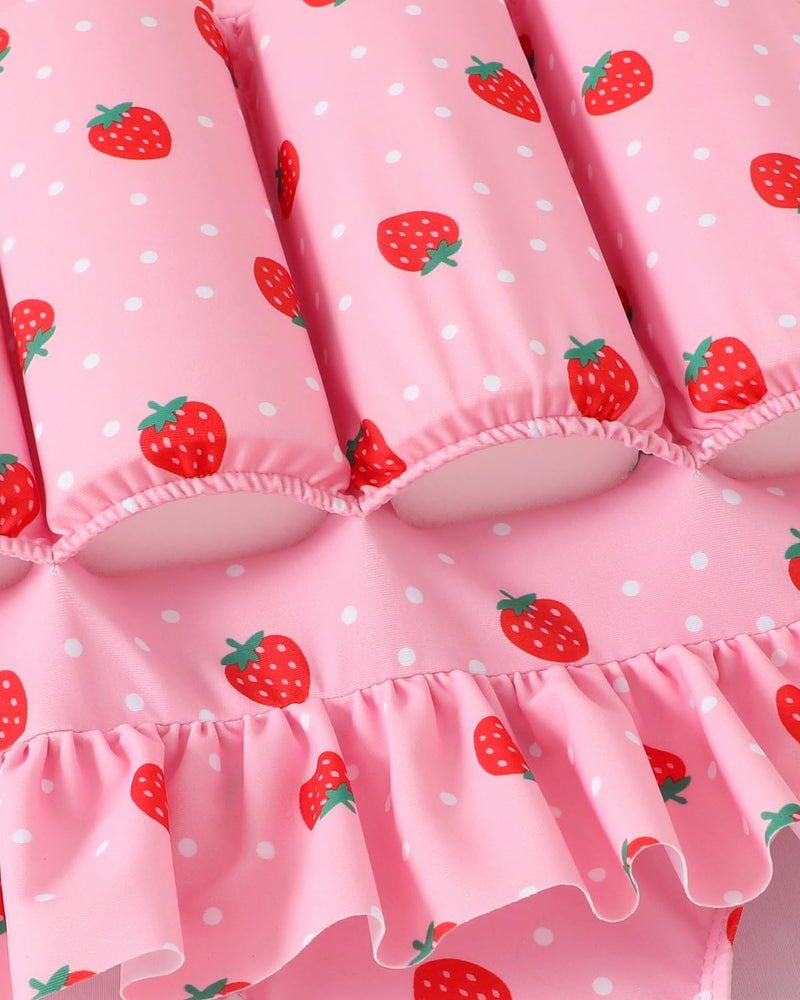 FishingDino Toddler Floatation Swimsuit Girls 1-6T, One Piece Float Suit with Built-in Float, Cute Floating Swim Suit Floatie Pink Strawberry 4-5T