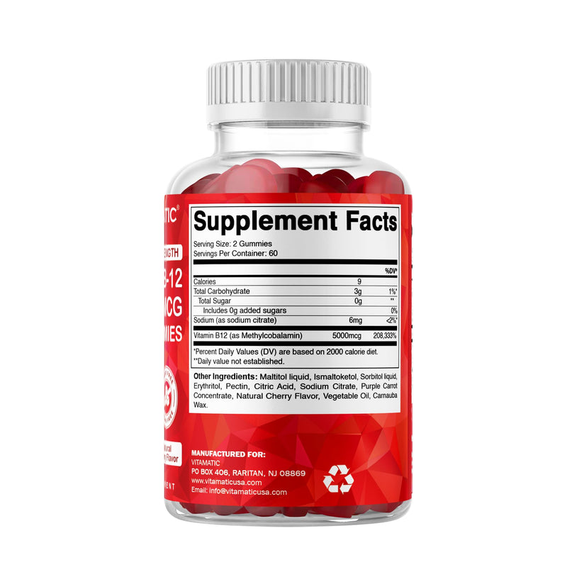 Vitamatic 2 Packs Extra Strength Vitamin B12 5000 mcg (Methyl B12) Gummies - 120 Count - Energy Metabolism Support and Nervous System Health Support, Natural Cherry Flavored | Extra Strength, Energy Metabolism Support and Nervous System Health Support*...