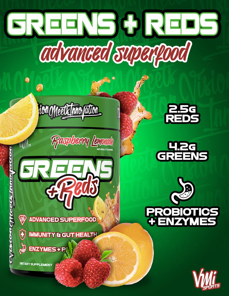 VMI Sports Greens + Reds Advanced Superfood Immunity and Gut Health | Enzymes & Probiotics | 30 Servings (Chocolate) | Superfood powder with greens reds enzymes and probiotics for convenient daily mixing with water or smoothies. Chocolate