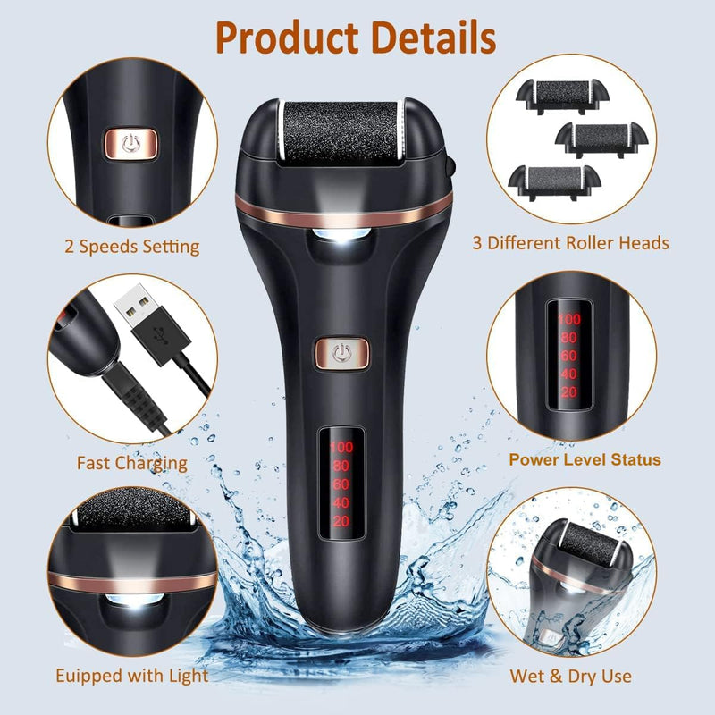 AdamPark Electric Callus Remover for Feet,Rechargeable Foot File Hard Skin Remover,Waterproof 14 in1 Professional Pedicure Kit for Cracked Heels &Dead Skin,with 3 Roller Heads 2 Speed(Black J8) Black J8 - BeesActive Australia