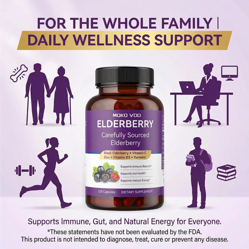 Elderberry Immune Support Capsules, Sambucus with Vitamin C Zinc D3 Turmeric FOS, 120 Vegan Enteric Coated Non-GMO Herbal Supplement