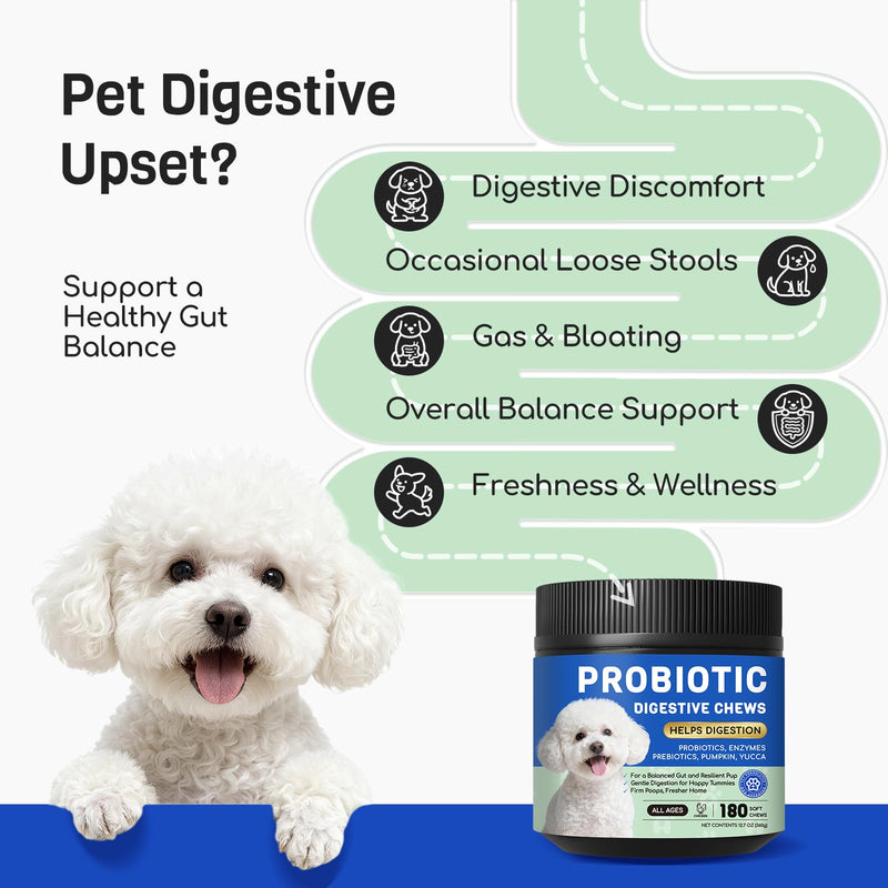 Probiotics for Dogs: 10B CFU Digestive Health Soft Chews with Prebiotics, Enzymes & Pumpkin - for Small & Large Dogs, Stool, Gut, Immune Support - Chicken, 180ct