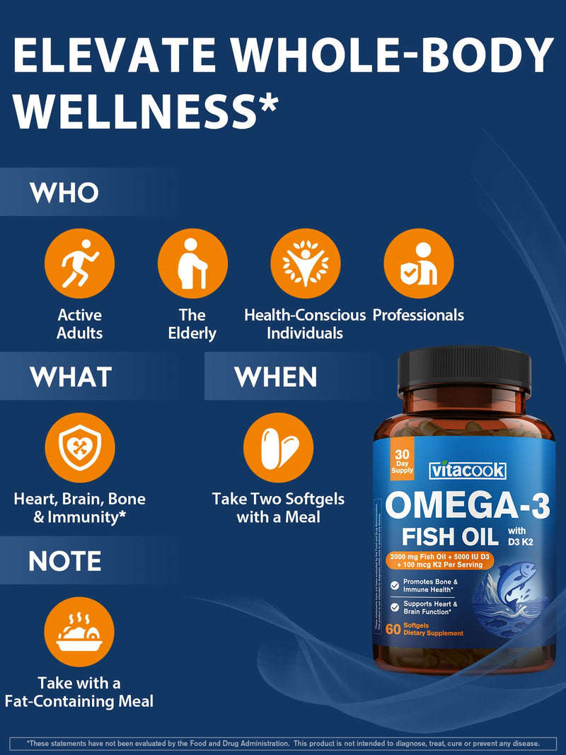 Omega 3 Fish Oil 2000mg, with Vitamins D3 & K2 (MK-7), Omega 3 Fatty Acid Supplements 1100mg, EPA, DHA, from Fresh, Wild-Caught Fish, Bone, Heart, Brain & Immune Health Support, 60 Softgels | Omega 3 Fatty Acid Supplements 1100mg, EPA, DHA, from Fresh,...