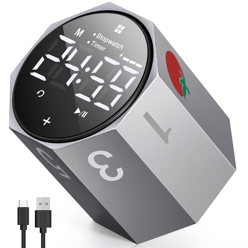 Digital Pomodoro Timer,Frosted Metal Productivity Cube Timer,1.8 in LED Digital Large Screen and Auto-Rotating Display,1/3/5/10/25/30/60min&Custom Time, Silent & Alarm,for Office, Study, Work(Grey) - BeesActive Australia