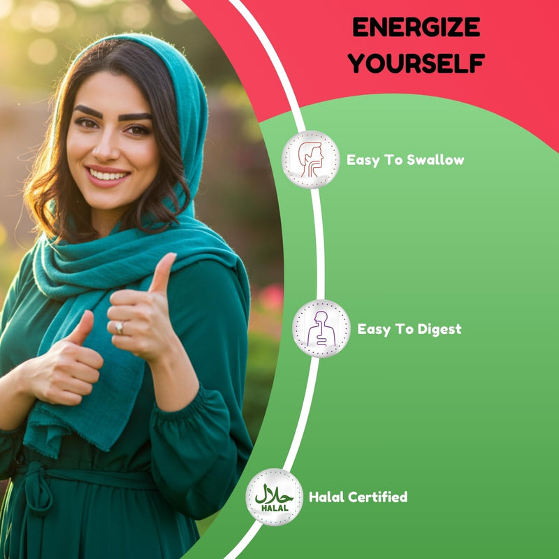 SHIFAA NUTRITION Energize, Natural Daily Energy Vitamins | Jitter-Free, 60 Servings | Supports Focus, Mood, Brain, Metabolism | w/Caffeine & Taurine, B1, B2, B5, B6, B7, B9, B12 Halal Vitamins