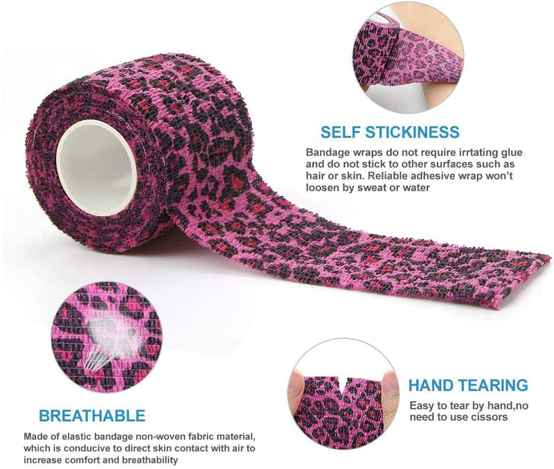 MUEUSS Pet First Aid Tape Self Adherent Cohesive Bandage for Dogs Cats Horses Breathable Non-Woven Elastic Self Adhesive Sport Tape for Knee Ankle (2inches 6rolls Pink Leopard) - BeesActive Australia