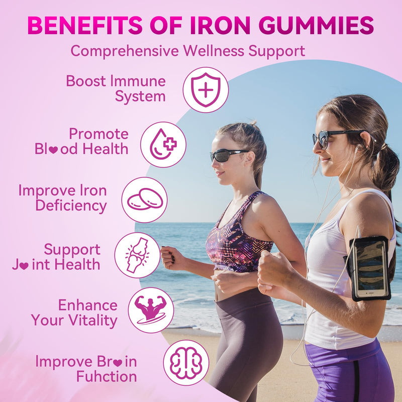 Iron Supplement Gummies for Women & Men, Vegan Iron Gummies with Vitamin C, A, B-Complex, Folate, Zinc for Blood Building & Energy Support, Strawberry Flavor, 120 Count 120 Count (Pack of 1)