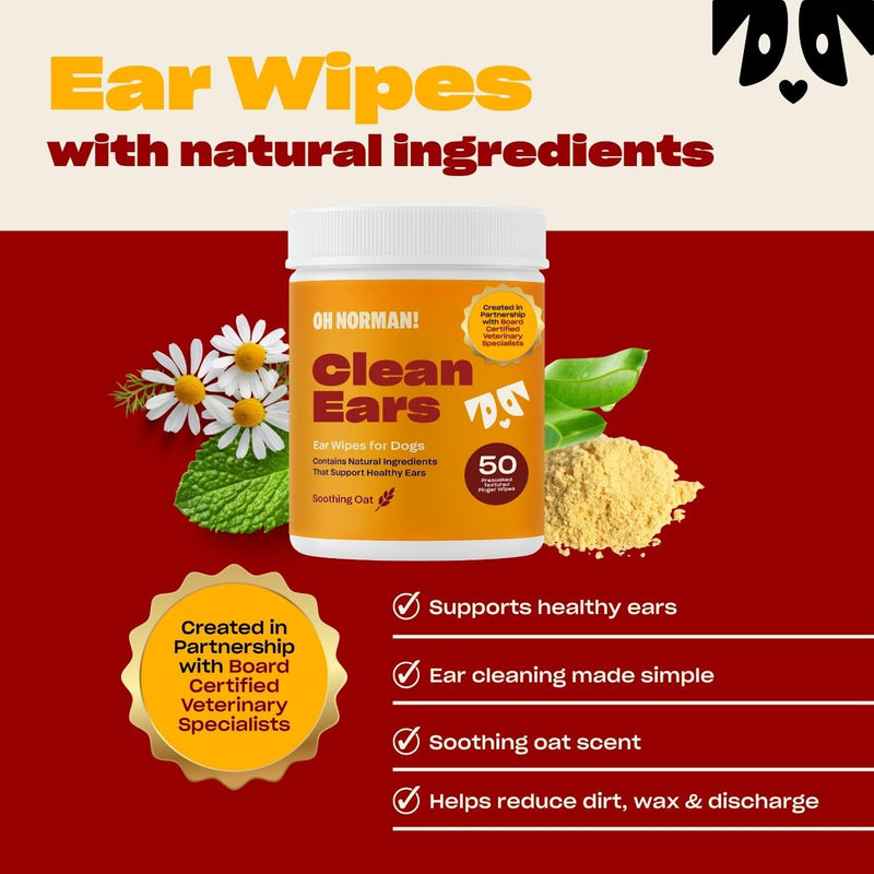 OH Norman! Ear Cleaner Finger Wipes for Dogs - Removes Wax, Dirt & Cleans Ears - Cleaning Wipes with Aloe Vera & Chamomile (Pack of 50)
