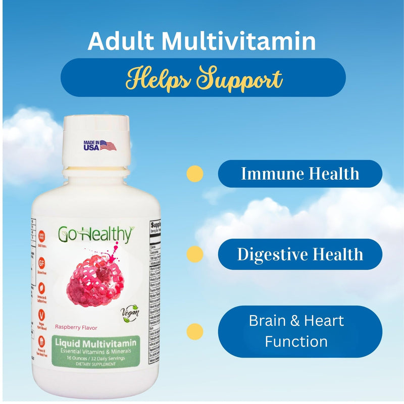 Go Healthy Liquid Vitamins for Women, Men, Teens | Vegan Vitamin & Mineral | High Absorption | Premium Liquid Multivitamin | Immune Support | Raspberry - 32 Servings 16 Fl Oz (Pack of 1)