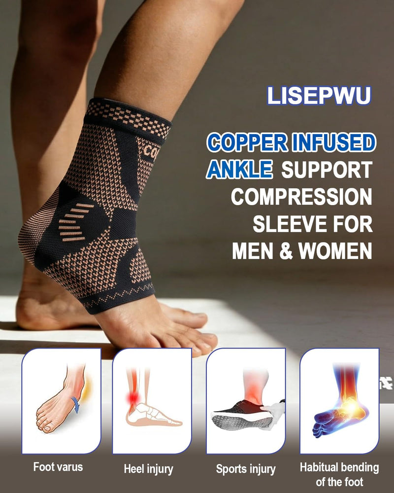 LISEPWU Copper Ankle Brace, Copper Infused Ankle Support Compression Sleeve for Men & Women, for Foot Pain Relief, Sprained Recovery, Achilles Tendonitis, Daytime or Night Use(L) Yellow- black Large - BeesActive Australia